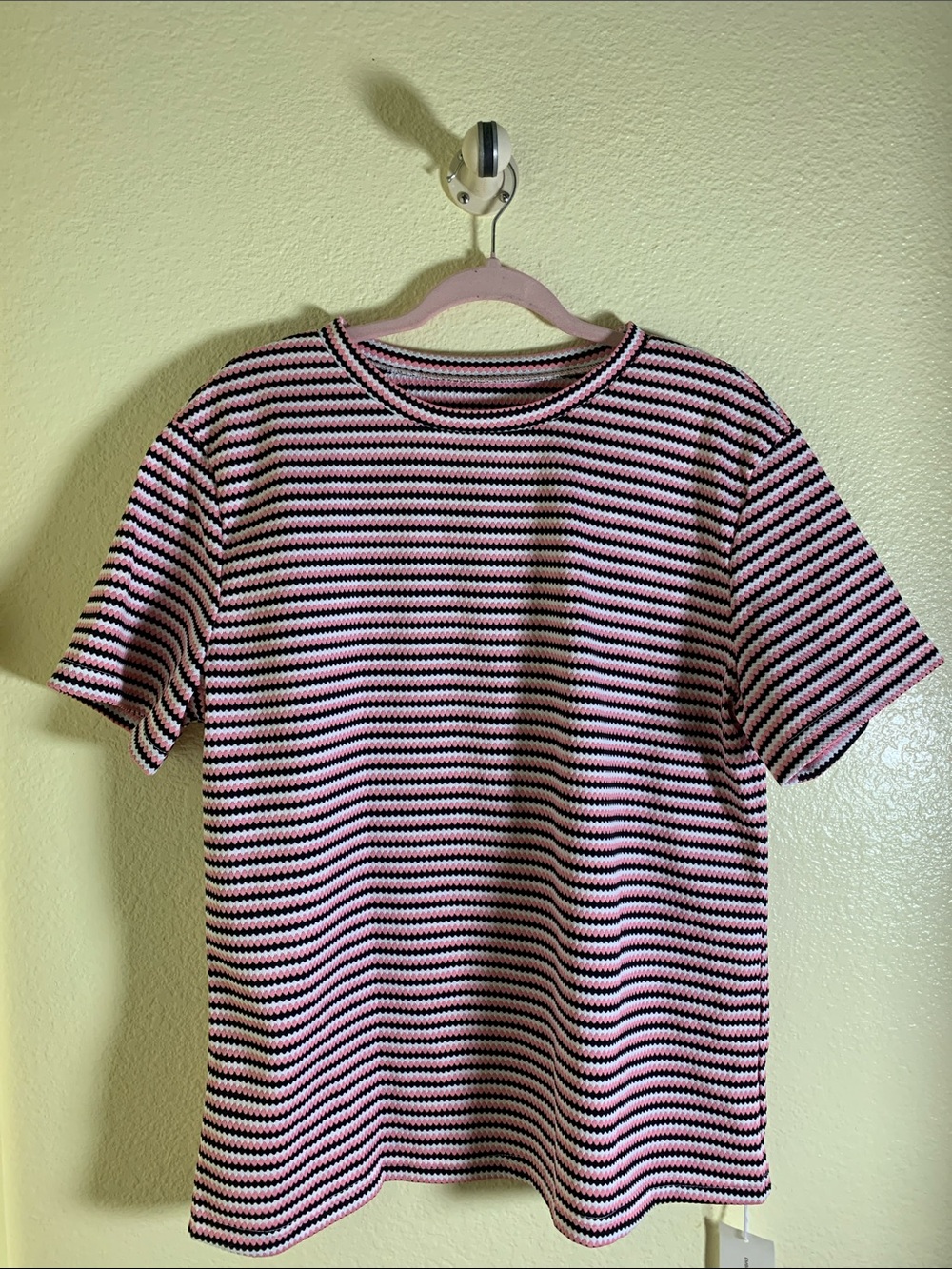 NWOT Everlane Pink & Black Striped Short Sleeve Tee, Size L